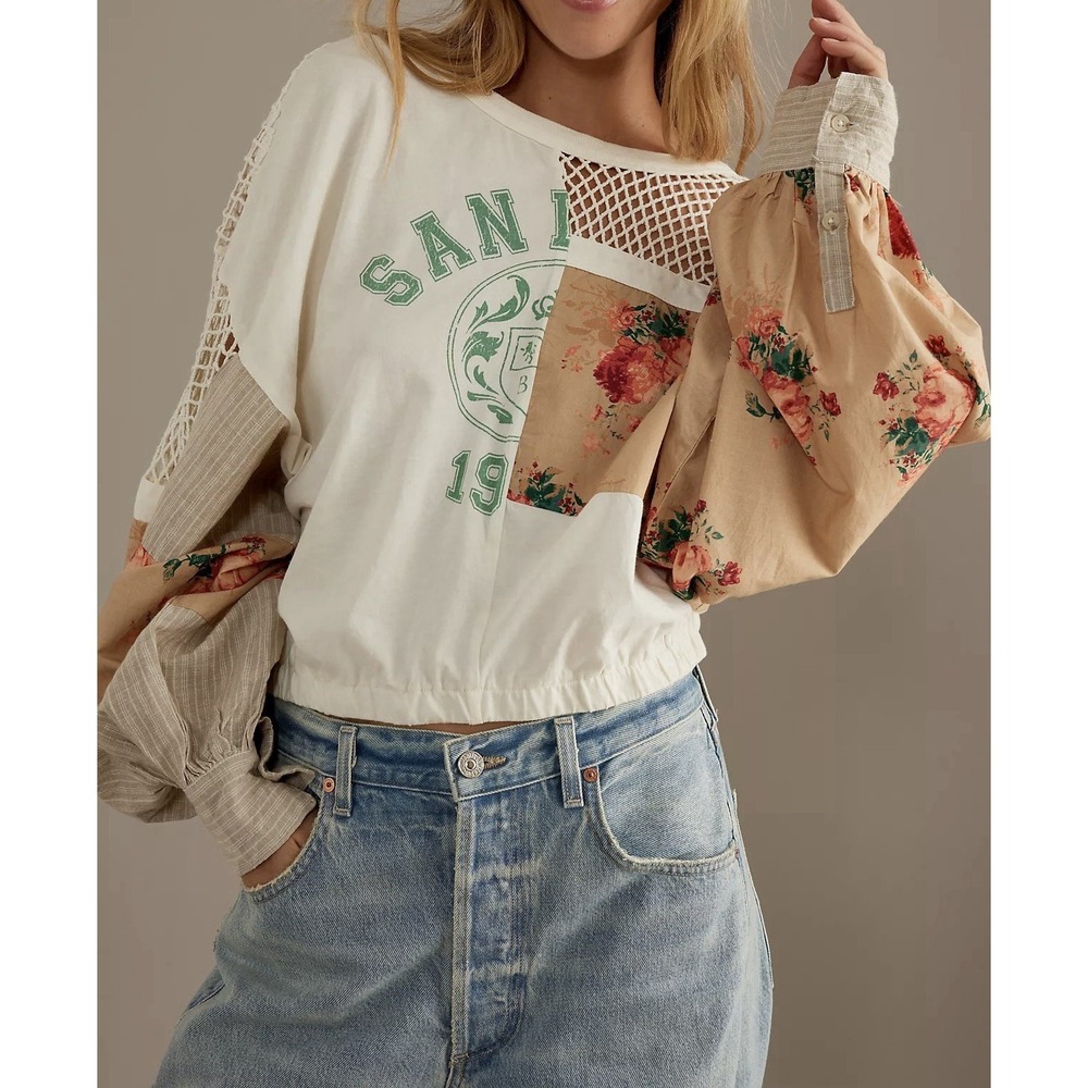 Pilcro Anthropologie Patchwork Batwing Top Boho Mesh Floral Size S .